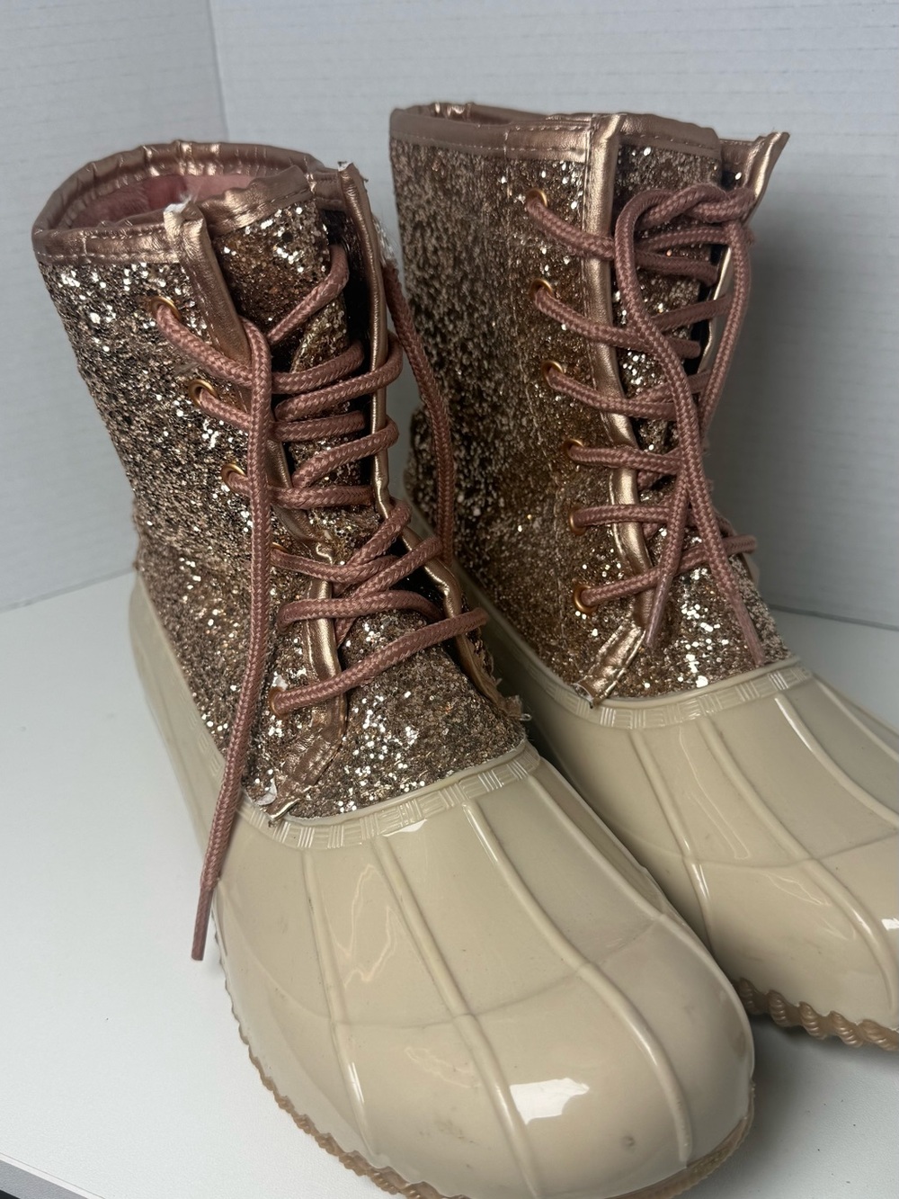 Sugar Rose Gold Glitter Lace-Up Duck Boots with Cream Shell